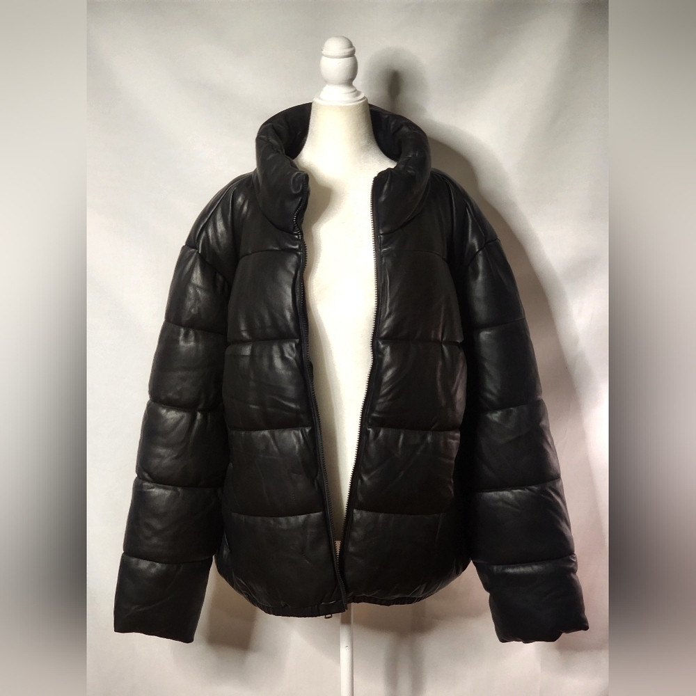 Women's Faux Leather Puffer Jacket Black Puffy Coat - S.E.B. By SEBBY Size 3X - Picture 4 of 16